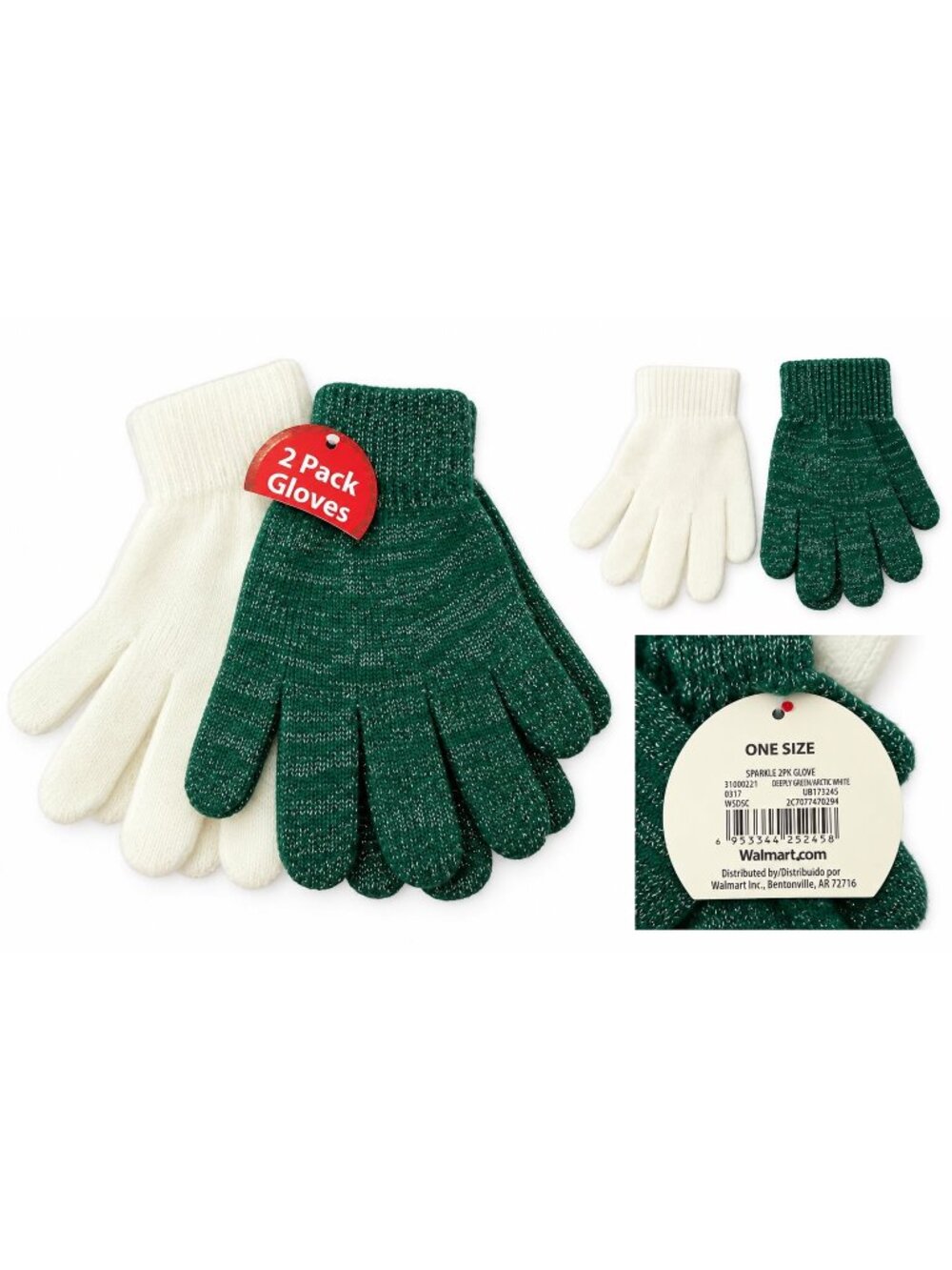 2 Pack Womenโs Sparkle Knit Gloves Deep Green and Arctic White One Size